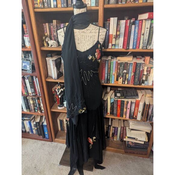 Vtg Cache 90s Y2K Black Gloral embroidered beaded silk maxi Dress Fairycore 12 - Picture 6 of 9